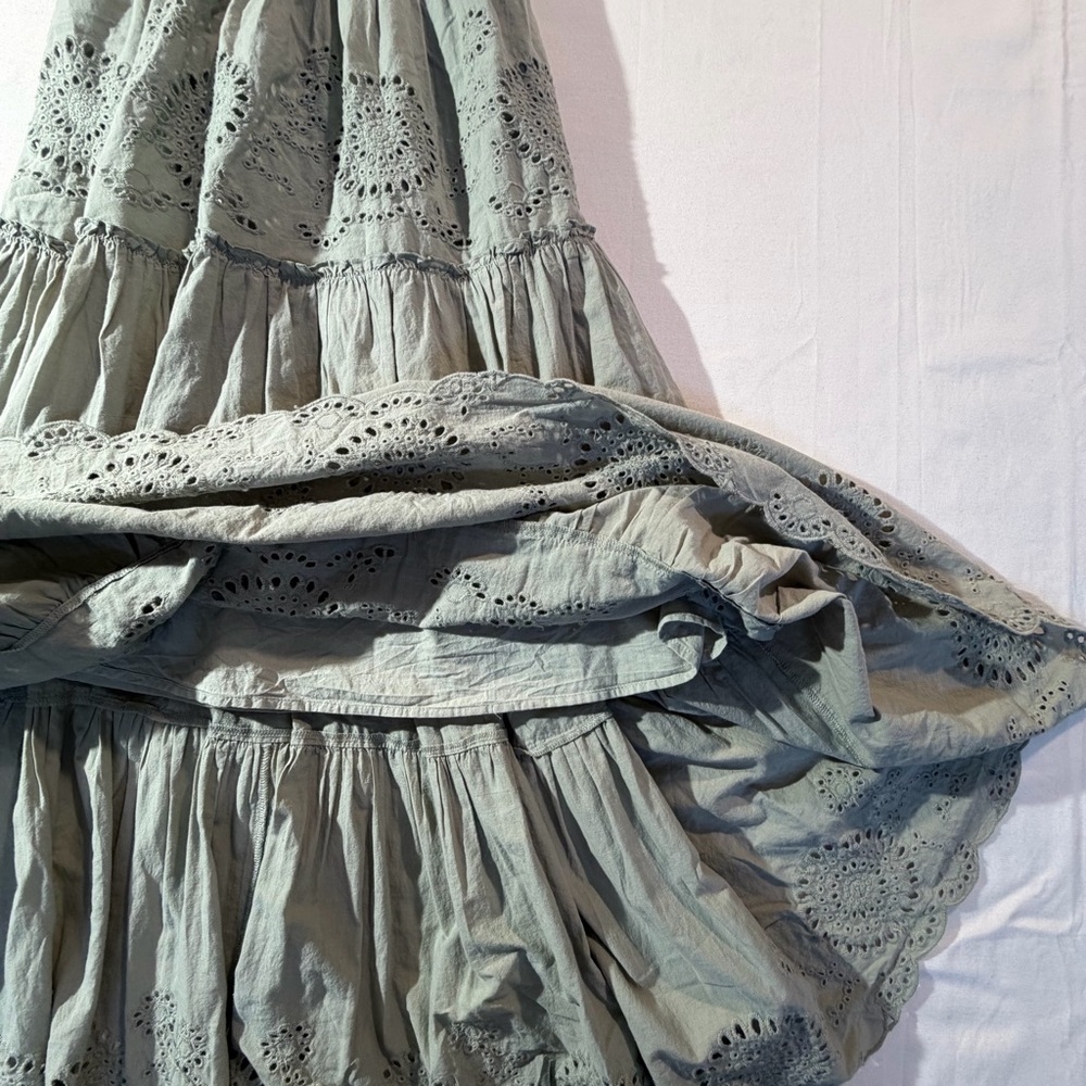ZARA Sage Green Eyelet Maxi Dress Smocked Tie Shoulder Boho Cottagecore M - Picture 7 of 8
